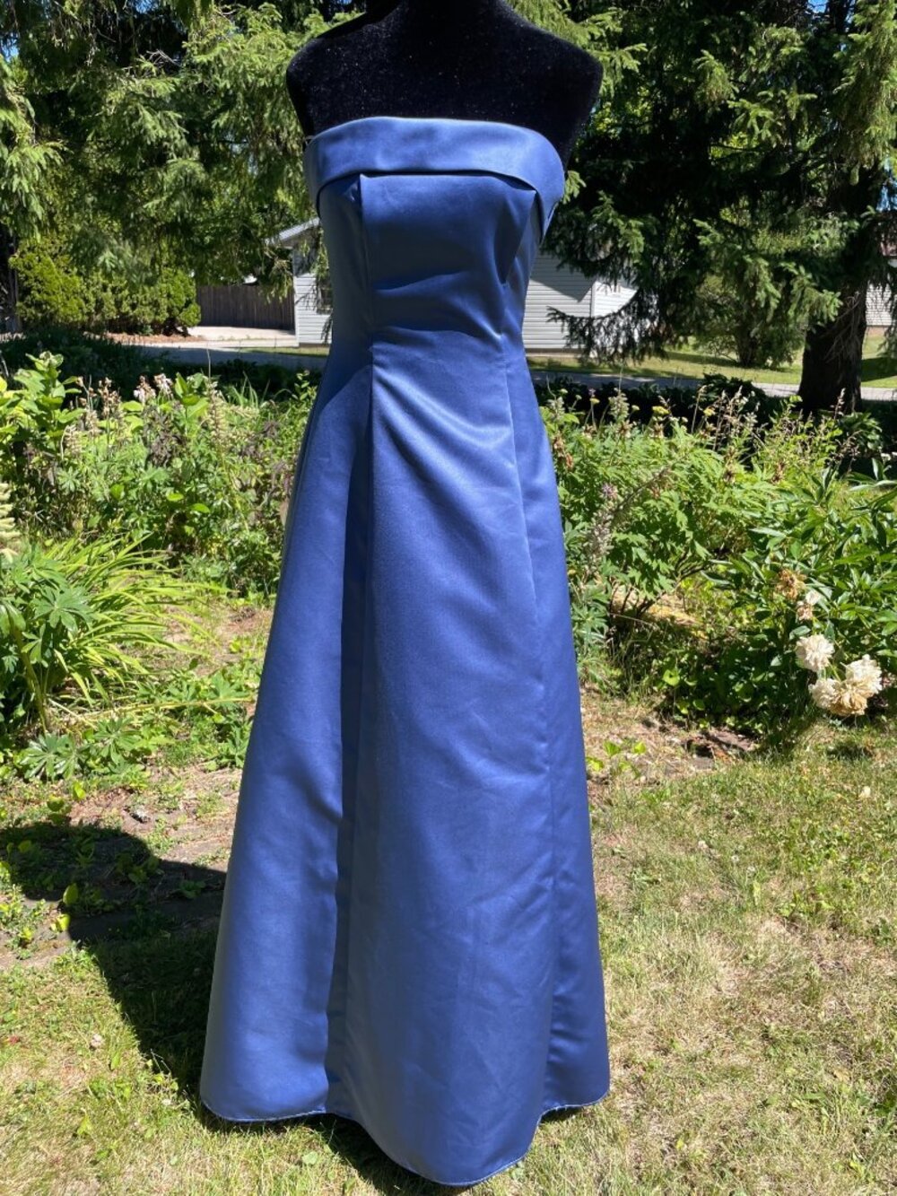 Vintage 90s Long Dress Blue Satin Gown Regency Size 3 4 Hoco Strapless Y2K